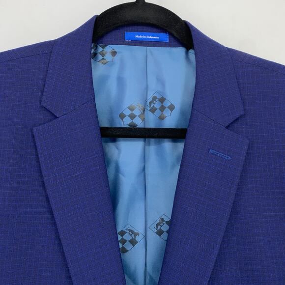 Vince Camuto Slim Blazer Jacket Mens Size 44L Single Button Blue Microcheck - Picture 6 of 8